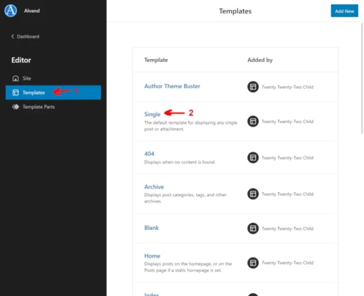 WordPress theme Editor, the Templates section, and the Single template.