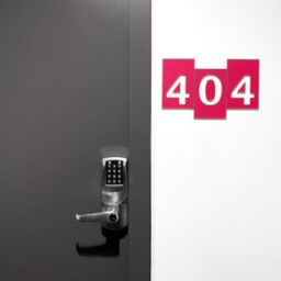 یک درب خاکستری با شماره 404 قرمز در کنار آن