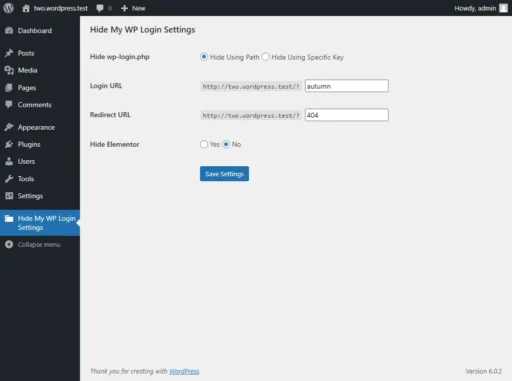 Change WordPress login address by Hide My WP Login plugin - settings page screenshot