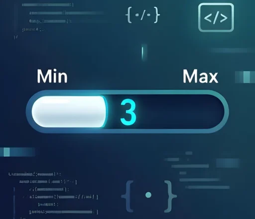 تصویر یک نمایش بصری از تولید عدد تصادفی در جاوا اسکریپت بین حداقل و حداکثر را نشان می‌دهد. در مرکز تصویر، یک خط اعداد یا اسلایدر واضح با برچسب‌های "Min" و "Max" در دو انتها قرار دارد. یک عدد دیجیتال برجسته به عنوان خروجی تولید شده در این محدوده نمایش داده شده است.