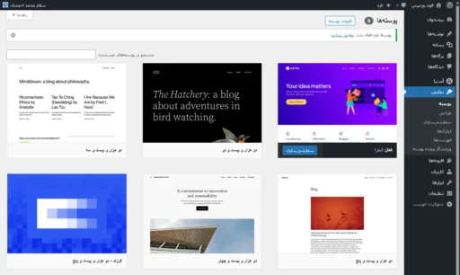 بخش پوسته در پیشخوان مدیریت وردپرس که قالب آسترا به آن اضافه شده در حالی که فعال است