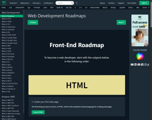 قسمتی از نقشه راه توسعه وب از سایت W3Schools
