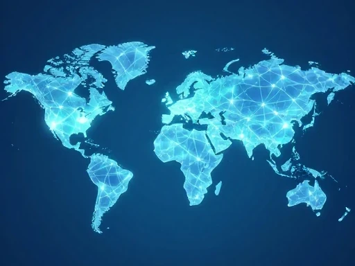 تصویری تمیز و مدرن که بیانگر مفهوم اینترنت چیست است: گرهها و خطوط درخشان بههمپیوسته که شبکهای جهانی را بر روی یک نقشه جهان ظریف و نیمه انتزاعی تشکیل میدهند.