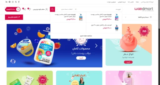 در یک وب‌سایت با پوسته وردپرس وودمارت، برای محصولات شوینده جستجو شده و نتایج زنده در حال نمایش است