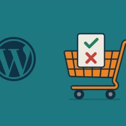 تصویری که لوگوی وردپرس را در کنار سبد خریدی نشان می‌دهد که حاوی یک چک لیست با علامت سبز و ضربدر قرمز است و نماد مزایا و معایب استفاده از وردپرس برای فروشگاه اینترنتی است.